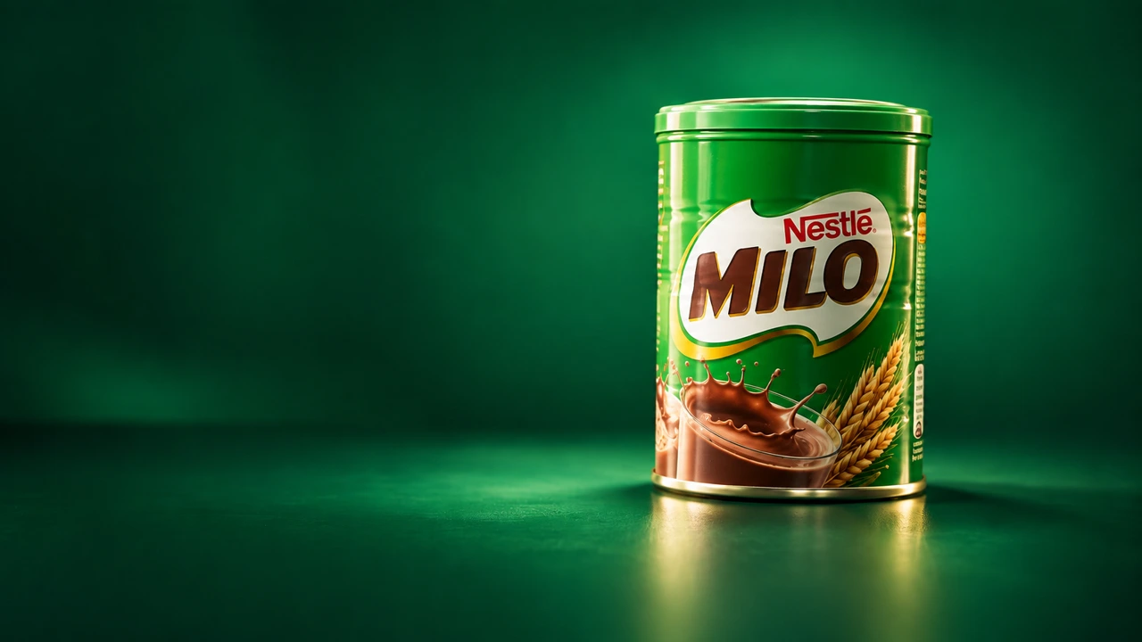 MILO tin on an emerald green stage