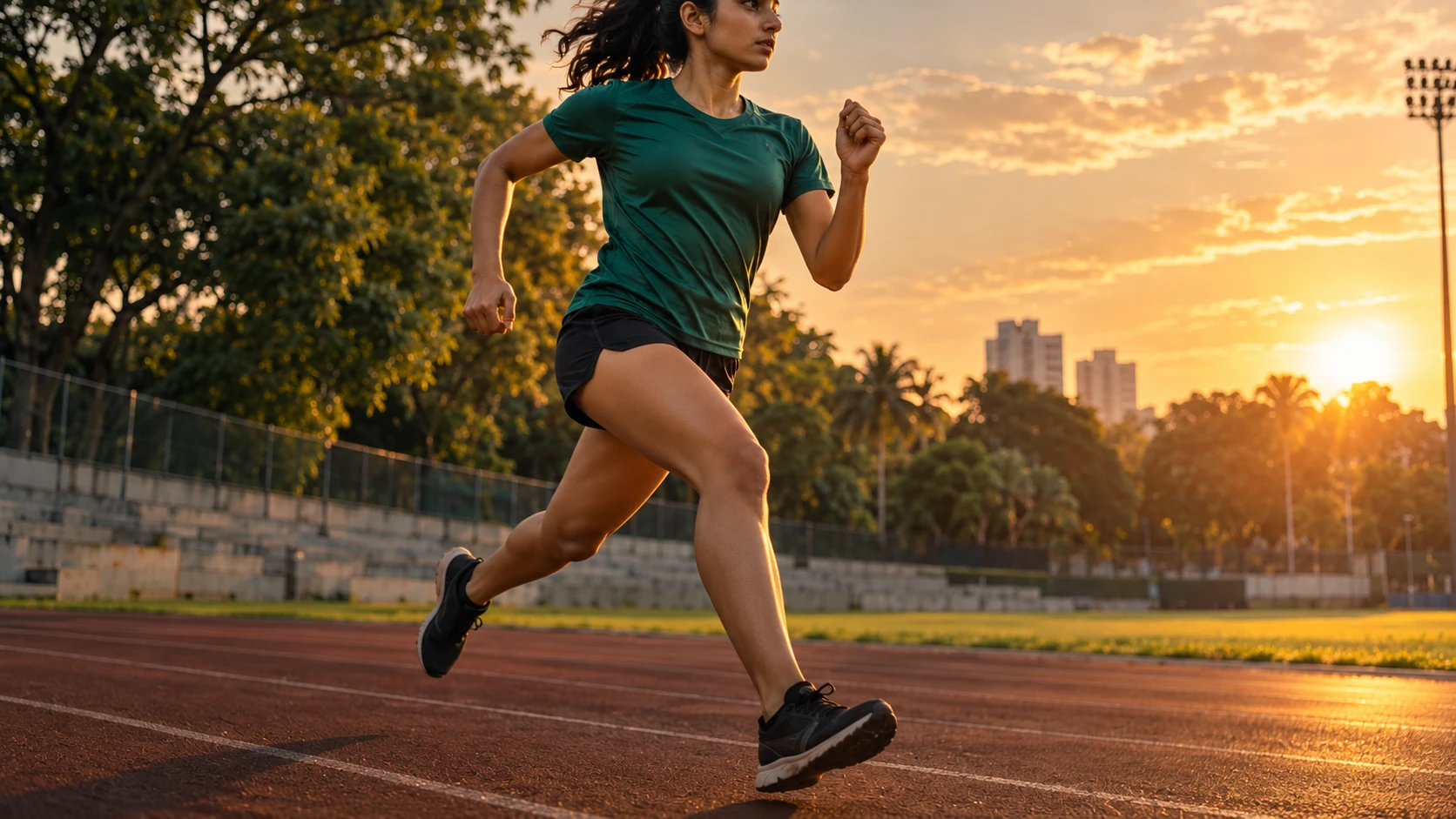 The same South Asian runner's journey on a sunset track